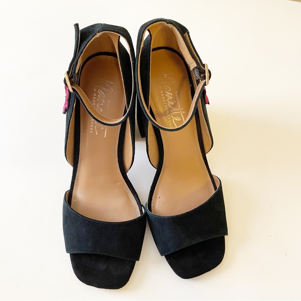 Nanette Lepore Martina Suede Block Sandal Embroidered Ankle Strap Sandal - Picture 7 of 14